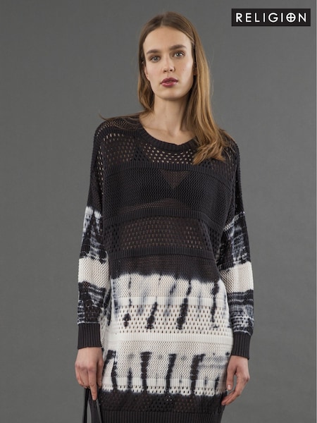 Religion Black Spinel Tie Dye Knitted Tunic 100% Cotton Dress (F59724) | £92