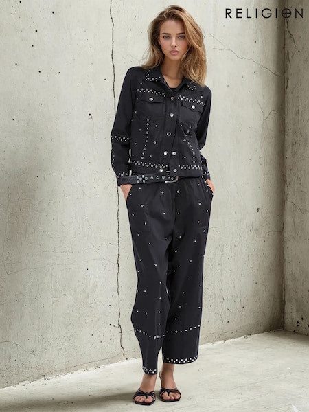 Religion Black Granite 100% Cotton Trousers With All-Over Studs (F59730) | £90