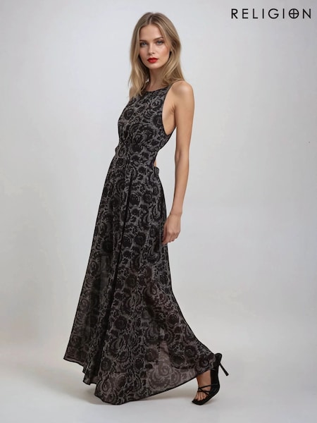 Religion Brown Gigi Maxi Dress With Open Back In Dark Tie Dye Print (F59737) | £110