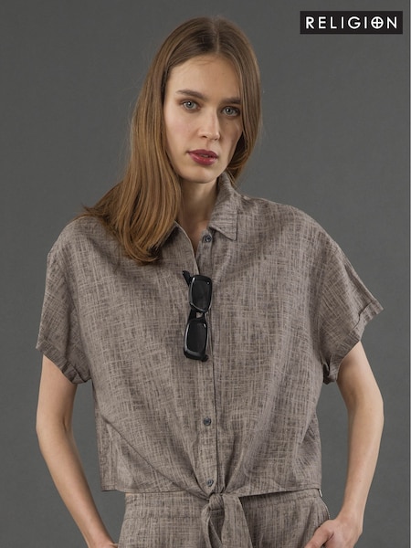 Religion Natural Element Tie Shirt In Linen Mix (F59741) | £65
