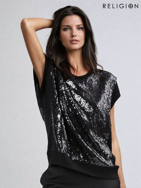 Religion Black Vibrant Knitted Top With Sequin Panels (F59754) | £75