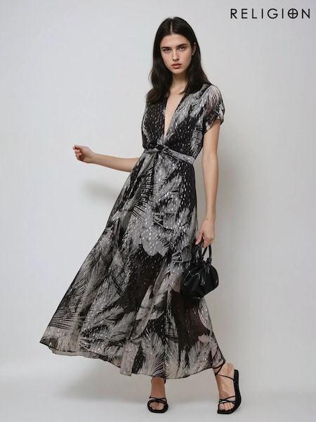 Religion Black Palm Maxi 2 Way Wrap Dress In Metallic Print (F59759) | £105