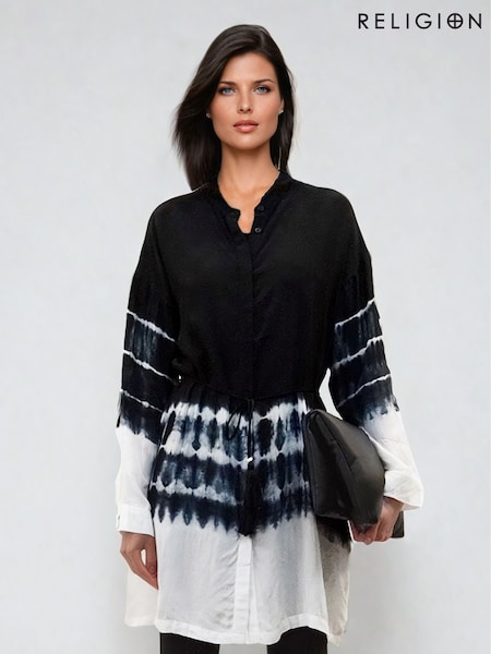 Religion Black Cluster Tunic In Tie Dye Stripe With Tassle Tie Belt (F59787) | £85