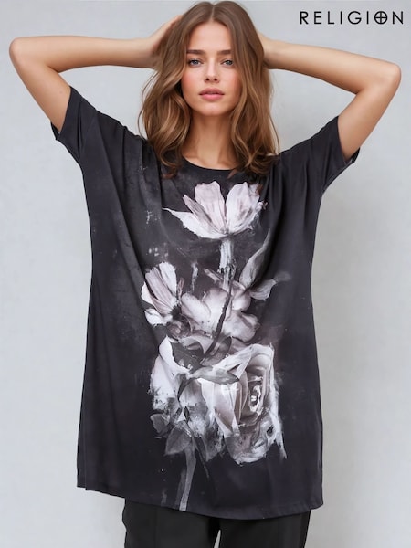 Religion Black Cloak Tunic Dress With Large Floral Placement Print (F59795) | £60