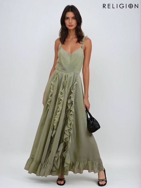 Religion Green Kate Maxi Dress With Frills And Spaghetti Straps (F59797) | £110