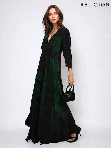 Religion Green Maryam Maxi Button Through Dress With Large Floral Print (F59799) | £130