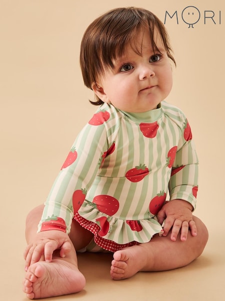 MORI Green UPF 50+ Strawberry and Stripe Frill Long Sleeve Swimsuit (F59845) | £30