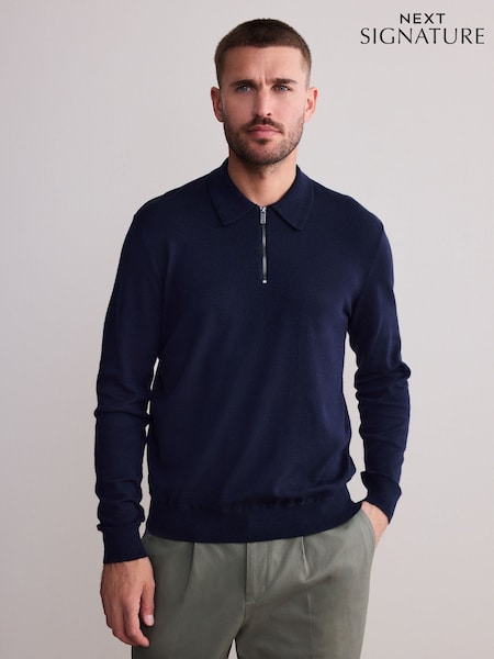 Navy Blue Signature Merino Blend Lightweight Zip Neck Jumper (F59897) | £38