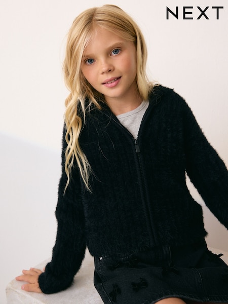 Black Fluffy Zip Through Hoodie (3-16yrs) (F59928) | £19 - £24
