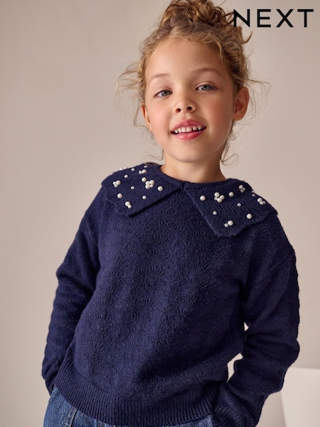 Navy Pearl Collar Jumper (3-16yrs) (F59931) | £22 - £27