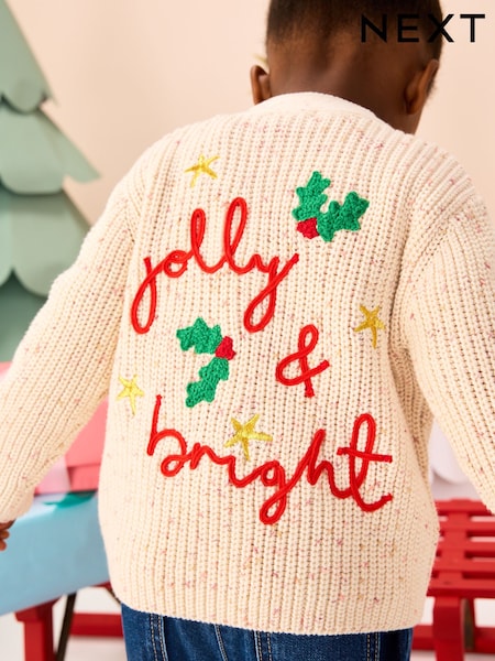 Ecru Holly Jolly Christmas Cardigan (3mths-10yrs) (F59993) | £20 - £24