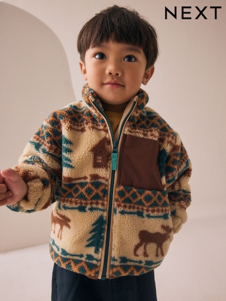 Ecru/Brown Patterned Zip Through Fleece (3mths-7yrs) (F60314) | £17 - £21