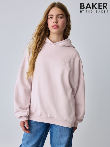Baker by Ted Baker Oversized Satin Appliqué Back Print Pink/White Hoodie (F60336) | £34 - £39