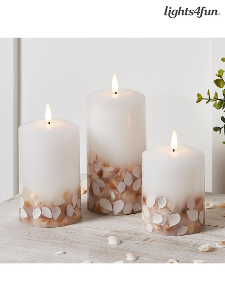 Lights4fun Natural TruGlow® Shell LED Pillar Candle Trio with Remote (F60342) | £27