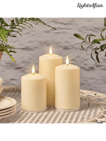 Lights4fun Set of 3 Natural Rechargable Outdoor TruGlow Pillar Candles (F60361) | £35