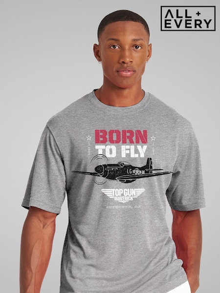All + Every Grey Mens Top Gun Maverick P-51 Mustang Born To Fly 100% Cotton T-Shirt (F60380) | £25