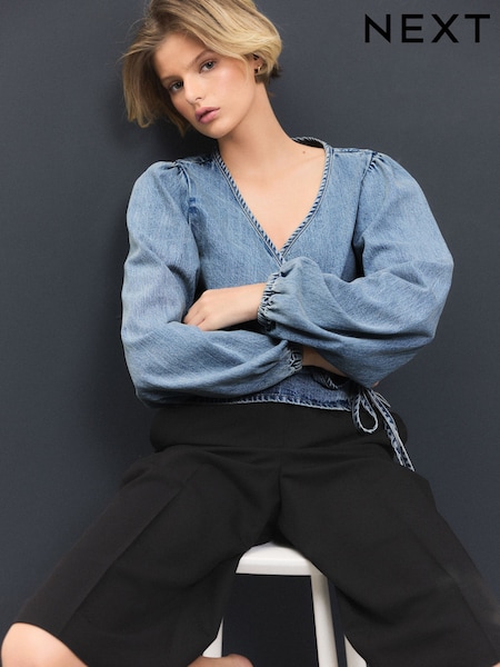 Bleach Tie Front Wrap Denim Blouse (F60400) | £36
