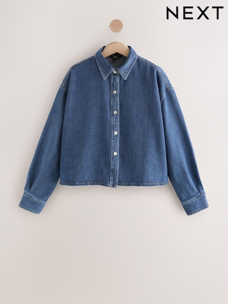 Mid Blue Textured Denim Cropped Check Shirt (F60407) | £35