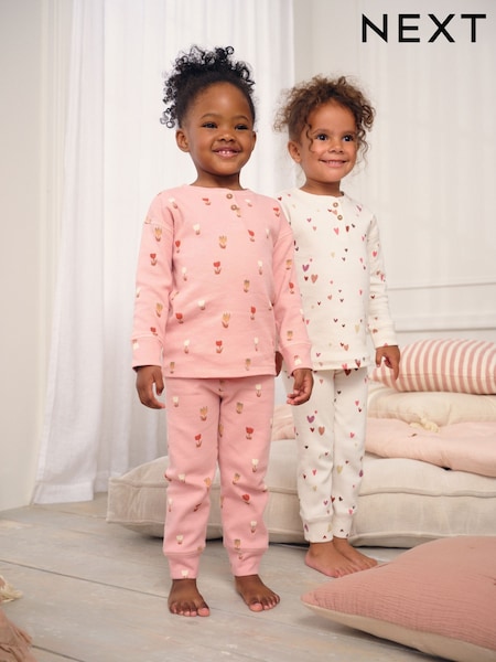 Ecru/Pink Hearts Waffle Pyjamas 2 Pack (9mths-12yrs) (F60687) | £23 - £31