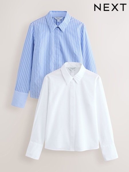 Blue Stripe/White Fitted Stretch Essential Long Sleeve Shirts 2 Pack (F60692) | £36.50