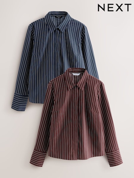Navy Stripe/Burgundy Stripe Fitted Stretch Essential Long Sleeve Shirts 2 Pack (F60694) | £38