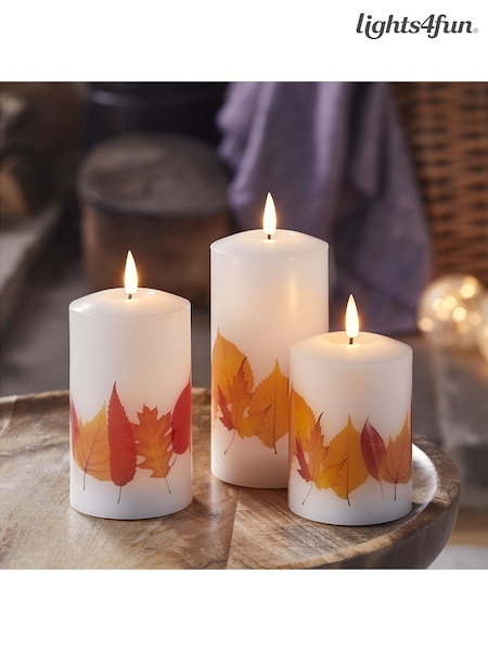 Lights4fun Ivory Truglow Autumnal Leaf LED Pillar Candle Trio (F60757) | £27