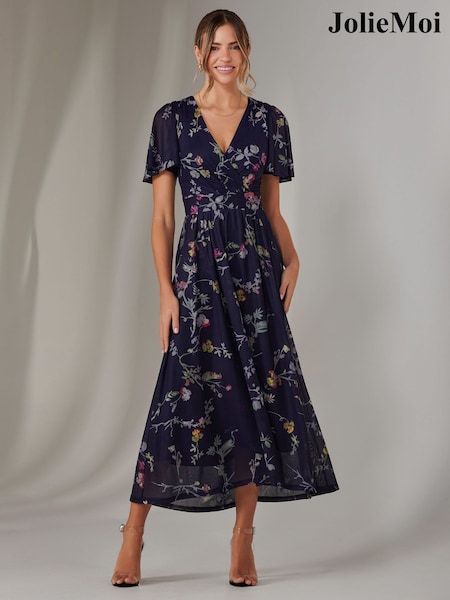Jolie Moi Blue Mesh Short Sleeve Midaxi Dress (F60782) | £76