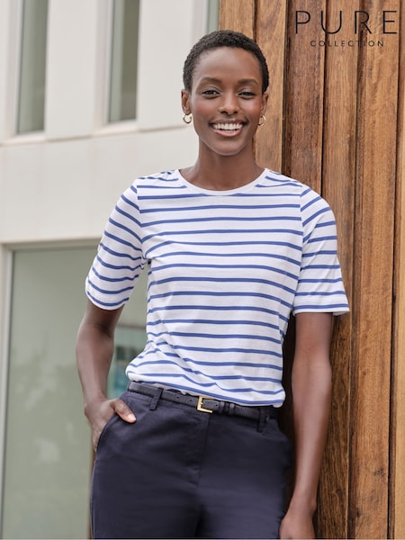 Pure Collection Blue Supersoft Pure Cotton Crew Neck 100% Cotton T-shirts (F60823) | £29