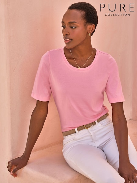 Pure Collection Pink Supersoft Pure 100% Cotton Crew Neck T-shirts (F60827) | £29