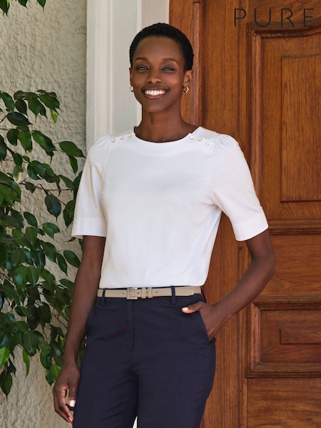 Pure Collection Cream Cotton Blend Button Shoulder Round Neck T-Shirt (F60829) | £50