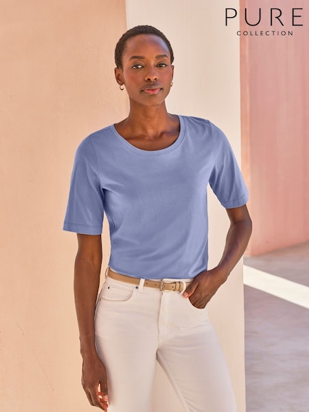 Pure Collection Blue Supersoft 100% Cotton Crew Neck T-shirts (F60831) | £29