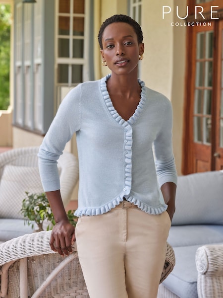 Pure Collection Slim Fit Blue Cashmere Ruffle Long Sleeve V-Neck Cardigan (F60837) | £165