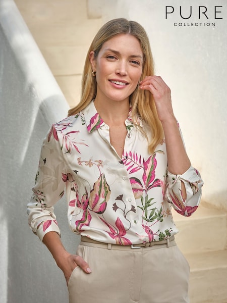 Pure Collection Silk Satin White Shirt with Silk Covered Buttons (F60859) | £145
