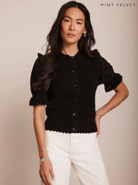 Mint Velvet Black Ribbed Short Sleeve Cardigan (F60920) | £99