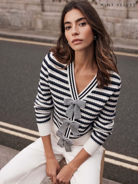 Mint Velvet Blue Striped Cotton Blend Bow Cardigan (F60947) | £110