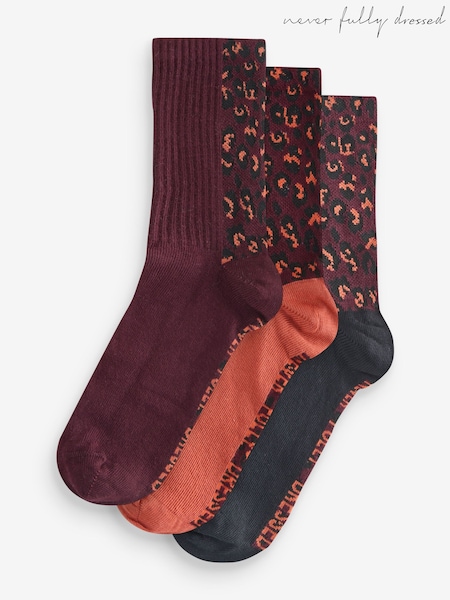 Never Fully Dressed Leopard/Burgandy/Orange Ribbed Socks 3 Pack (F61365) | £19
