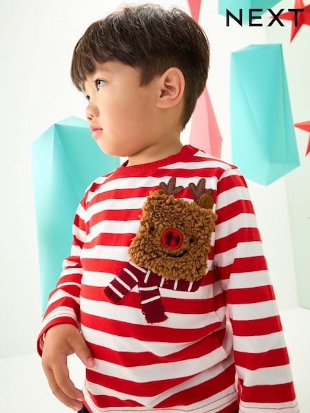 White/Red Reindeer Pocket Christmas Long Sleeve T-Shirt (3mths-7yrs) (F61392) | £8 - £10