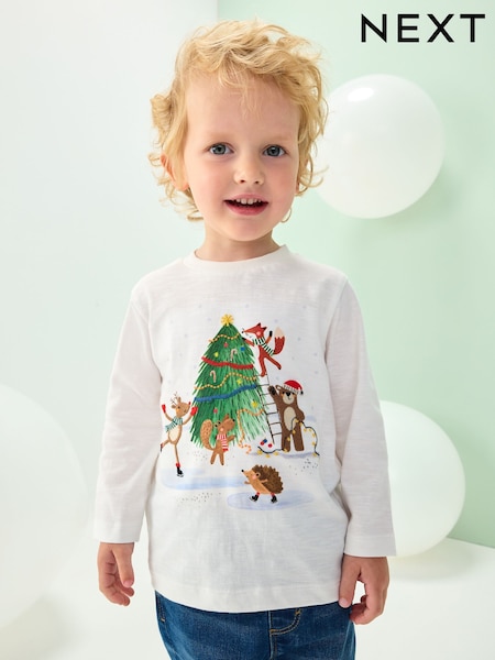 White Graphic Print Embroidered Christmas Long Sleeve T-Shirt (3mths-7yrs) (F61395) | £7 - £9
