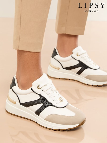 Lipsy White Chunky Wedge with Gold Heel Clip Sports Trainers (F61427) | £46