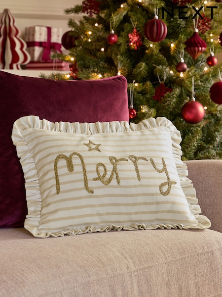 Ivory 30 x 40cm Christmas Embroidered Merry Stripe Cushion (F61444) | £18