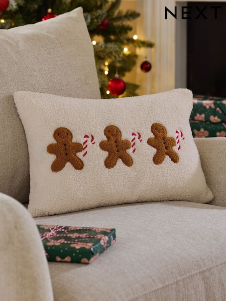 Natural 50 x 30cm Christmas Embroidered Gingerbread Man Cushion (F61445) | £18