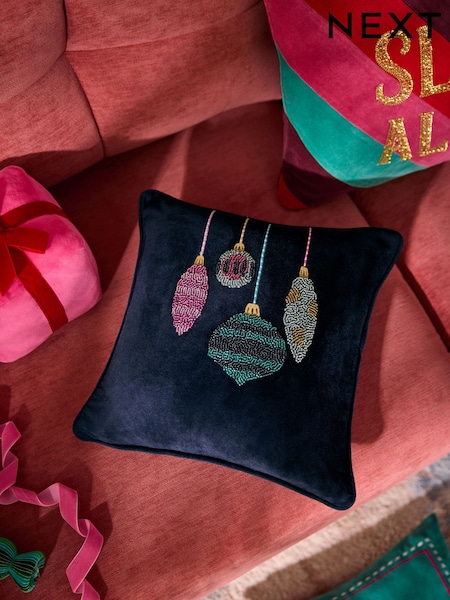 Navy 35 x 35cm Christmas Beaded Bauble Cushion (F61456) | £25