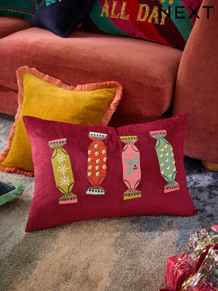 Burgundy Red 40 x 59cm Embroidered Christmas Cracker Cushion (F61469) | £24