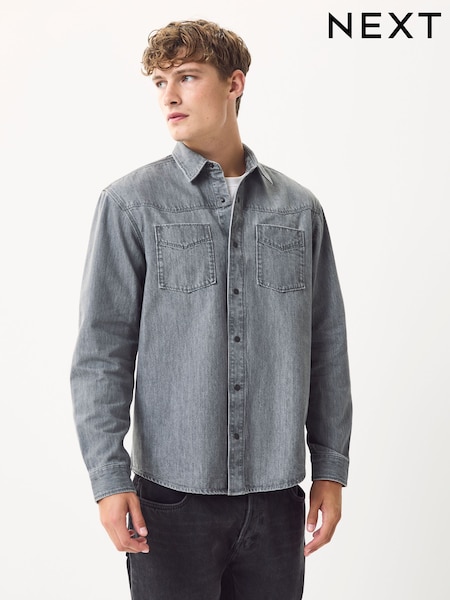 Grey Denim Western Style Long Sleeve Shirt (F61527) | £35