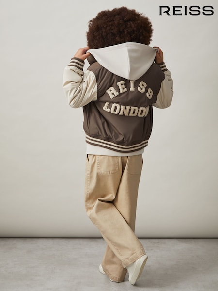 Reiss Mink Brown/ Off White Arkan Colourblock Varsity Bomber Jacket (F61557) | £72
