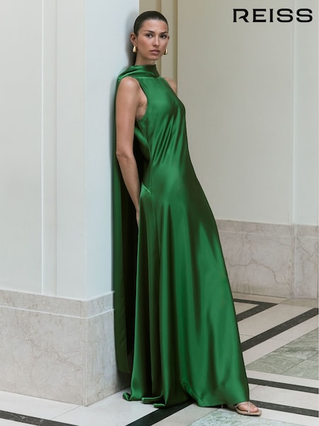 Reiss Green Fae Satin Cape Maxi Dress (F61558) | £348