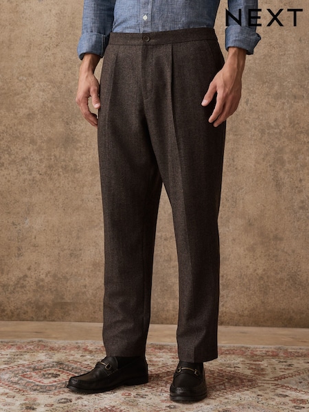 Brown Regular Fit Smart Elasticated Back Textured Trousers With Wool (F61641) | £55