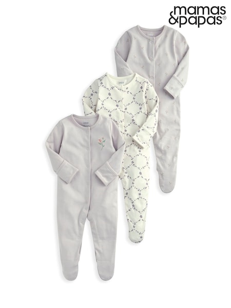 Mamas & Papas Purple 100% Cotton Trellis Print Sleepsuits 3 Pack (F61695) | £22
