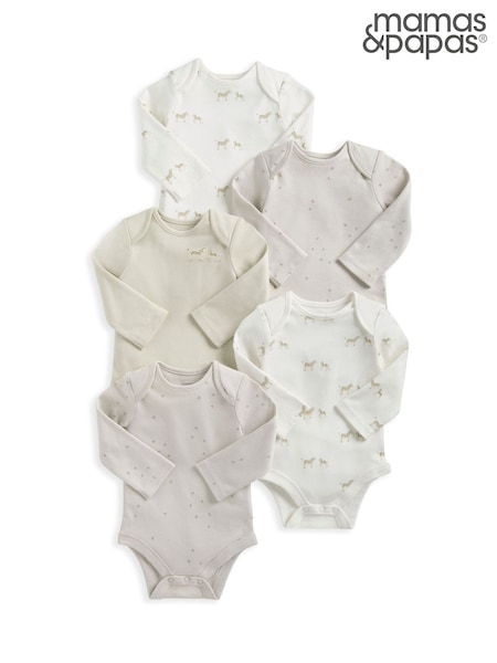 Mamas & Papas Wild Animals Print Long Sleeve 100% Cotton Brown Bodysuits 5 Pack (F61696) | £20