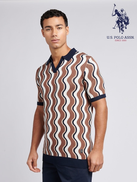 U.S. Polo Assn. Brown Mens Wave Knit Open Collar Polo Shirt (F61731) | £65